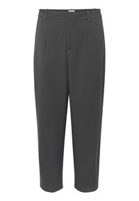 Pantalon gris en tissu doux, avec une coupe droite, des plis à l'avant, et une ceinture avec passants pour ceinture.