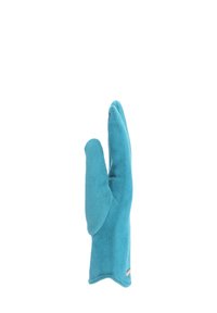 Guanto in pile blu progettato con due scomparti separati per l'indice e il medio, e uno per il pollice e le dita restanti.