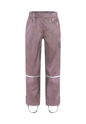 Wasserdichte, pinkfarbene Outdoor-Hose mit elastischem Bund, reflektierenden weißen Streifen und verstellbaren Knöchelverschlüssen. Glattes, leichtes Material.