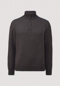 Dunkelgrauer Pullover mit hohem Kragen, halbem Reißverschluss, gerippten Bündchen und Saum. Hergestellt aus weichem Material und zeichnet sich durch eine gleichmäßige Textur aus.