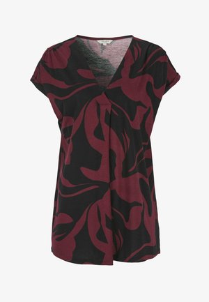 Sort top med V-hals og korte ærmer, prydet med kraftige bordeaux blomster mønstre, i et blødt stof med en afslappet pasform.