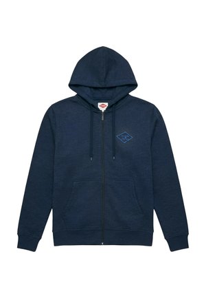Sweat à capuche zippé bleu marine avec cordon de serrage, poches frontales et petit logo bleu sur le côté gauche de la poitrine.