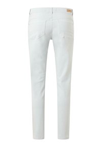 Light gray, slim-fit jeans made from denim material. Features standard back pockets and a small leather tag at the waist.