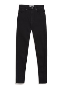Jeans slim fit negros de mezclilla con una textura suave, que cuentan con cinco bolsillos, un cierre de botón y una etiqueta de marca en la cinta de la cintura.