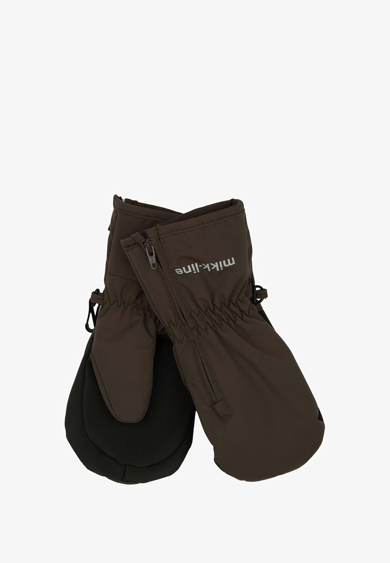 Pruunid isoleeritud kindad siledast materjalist, millel on tõmblukuga tasku ja elastsed mansetid, et tagada kindel istuvus. Kaunistatud logoga.