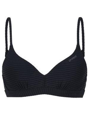 Soutien-gorge noir texturé avec fines bretelles réglables et logo discret sur le bonnet droit, doté d’un design doux et sans coutures.