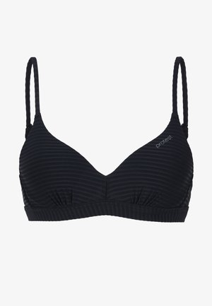 Zwarte getextureerde bralette met dunne verstelbare bandjes en subtiel logo op de rechter cup, met een zacht, naadloos ontwerp.