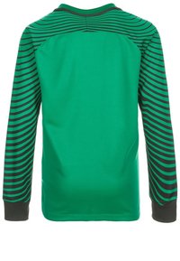 Jersey vert à manches longues avec des rayures horizontales noires et vertes sur les manches, présentant un col rond et un tissu texturé.