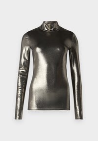 Fémes, hosszú ujjú legging póló sötét ezüst színben. Simább textúra, testhez simuló dizájn, magas gallér és elegáns sziluett. Nincsenek látható minták vagy kiegészítők.