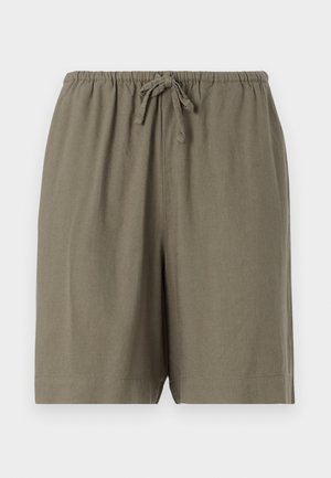 Khaki shorts made of lightweight fabric. Features an elastic waistband with a drawstring and a relaxed fit. Simple, solid color design.
