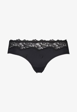 Zwarte kanten ondergoed met bloemmotieven op een semi-doorzichtige tailleband, met een gladde stof en delicate randen.