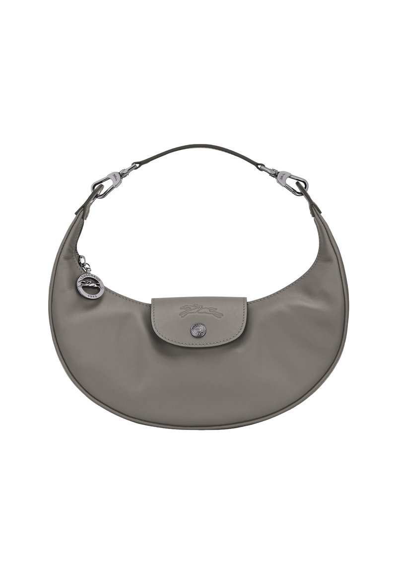 Gray leather shoulder bag with a rounded design, featuring a flap closure and silver hardware accents. Keychain detail included.