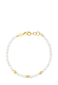 Bracciale con perle bianche irregolari e piccole perle ovali dorate, dotato di chiusura a moschettone dorata e maglie della catena regolabili.