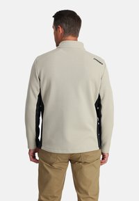 Pull-over long à manches longues gris clair avec une surface texturée, des panneaux latéraux noirs et un petit logo sur la partie supérieure du dos. Coupe décontractée.