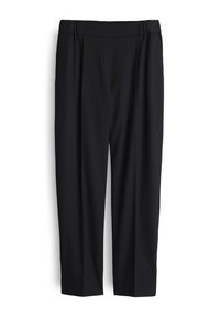 Pantaloni neri in tessuto liscio, con una vita alta, pieghe frontali e un design a gamba affusolata. Lunghezza standard senza tasche visibili.