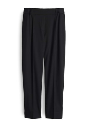 Schwarze Hose aus glattem Stoff, mit einem breiten Bund, vorderen Falten und einem schmal zulaufenden Bein-Design. Standardlänge ohne sichtbare Taschen.