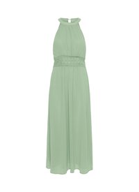 Mint green halter dress with a keyhole back, gathered bodice, and waistline detailing. Made of lightweight, flowing fabric.
