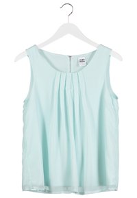 Top senza maniche di colore azzurro chiaro con scollatura rotonda, design con pieghe frontali e zip centrale sul retro. Realizzato in un tessuto leggero e liscio.