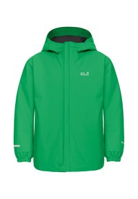 Grüne wasserdichte Jacke mit Kapuze, elastischen Bündchen und einem durchgehenden Reißverschluss. Mit Branding auf der Brust und reflektierenden Akzenten an den Ärmeln.