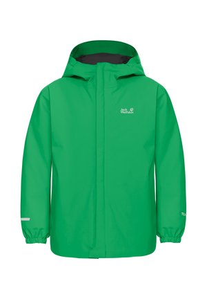 Giacca impermeabile verde con cappuccio, polsini elasticizzati e zip frontale completa. Presenta un logo sul petto e dettagli riflettenti sulle maniche.