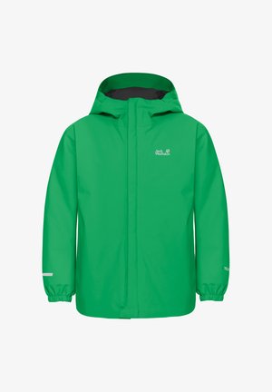 Veste imperméable verte avec capuche, poignets élastiques et fermeture éclair sur toute la longueur. Présente un logo sur la poitrine et des accents réfléchissants sur les manches.