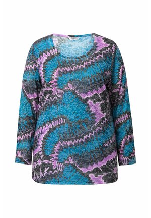 Multicolored long-sleeve top featuring a blue, purple, and black abstract pattern with a rounded neckline and a relaxed fit.
