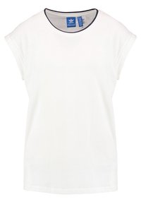 Bílé tričko s krátkým rukávem vyrobené z bavlny, s kulatým výstřihem, doplněné námořnickým lemováním a malým logem na přední straně.