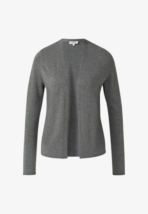Grauer, langärmeliger Cardigan aus weichem Stoff, mit V-Ausschnitt, offenem Frontdesign und leicht geschwungenem Saum.