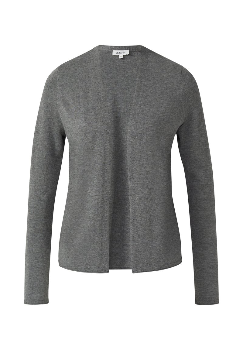 Grauer, langärmeliger Cardigan aus weichem Stoff, mit V-Ausschnitt, offenem Frontdesign und leicht geschwungenem Saum.