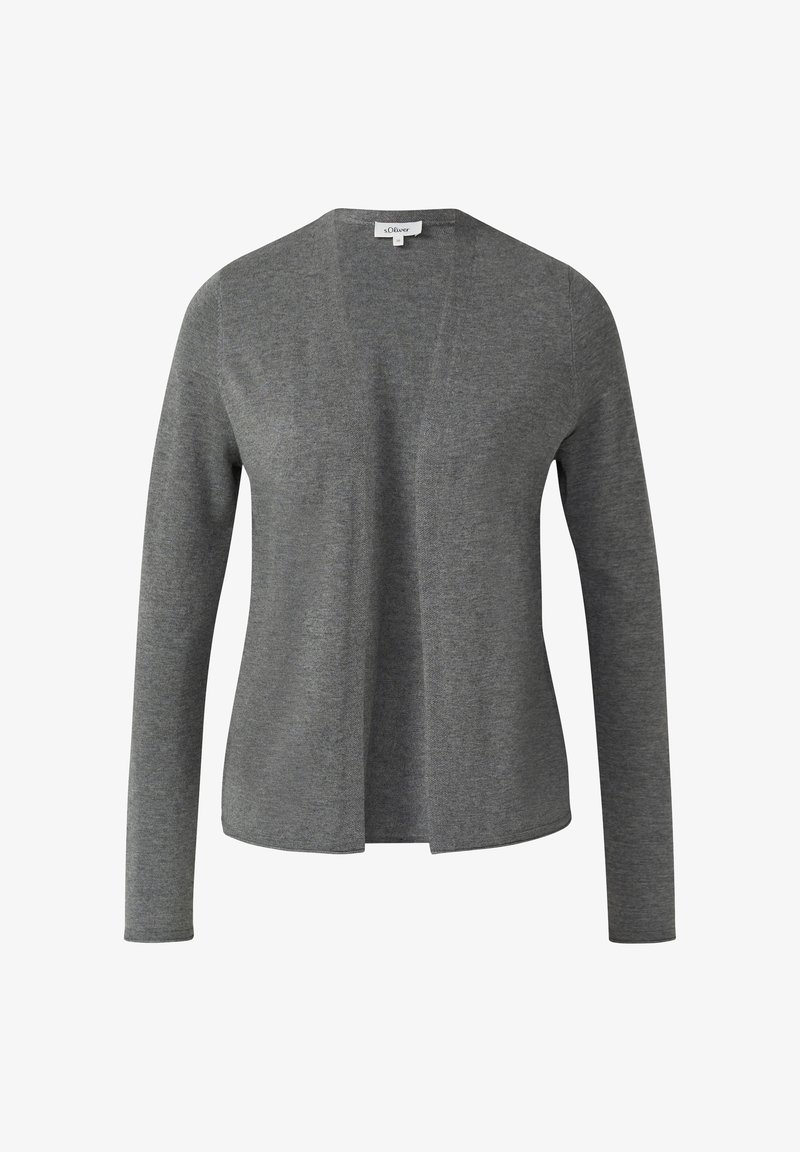 Grauer, langärmeliger Cardigan aus weichem Stoff, mit V-Ausschnitt, offenem Frontdesign und leicht geschwungenem Saum.