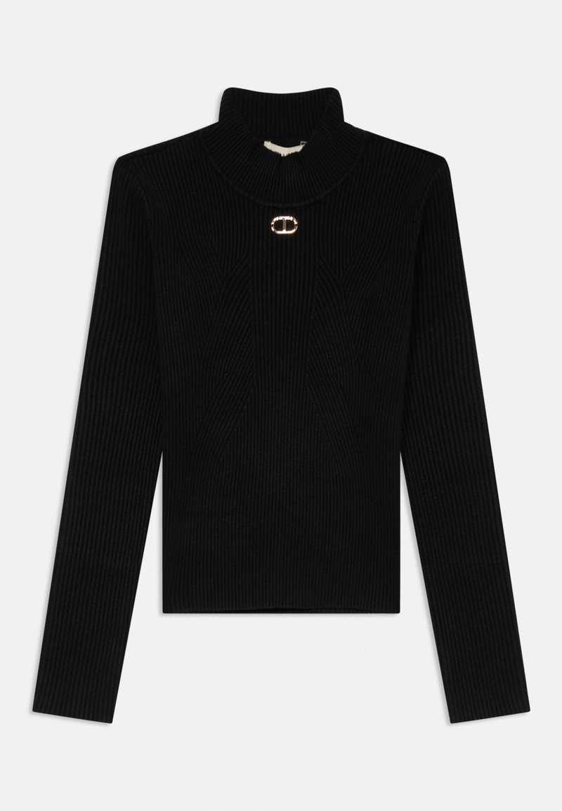 Schwarzer gerippter Rollkragenpullover mit langen Ärmeln und taillierter Form. Besitzt ein Logo-Akzent in Goldton auf der Brust. Weicher Stoff.