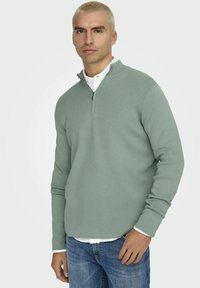 Lichtgroene pullover met een halve rits kraag, lange mouwen en een gladde textuur. Draag het over een witte overhemden en combineer het met blauwe spijkerbroeken.