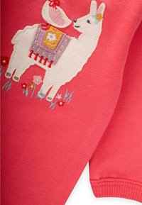 Indumento color corallo con ricamo di una llama bianca, sella colorata e fiori. Tessuto morbido con polsini a coste.