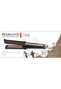 Remington 2-in-1 Glätteisen und Lockenstab mit schwarzem und rosegoldenem Design, rundem Lockenstabzylinder, längeren Glättplatten und Steuerungstasten.