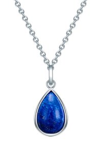 Die silberne Kettenhalskette verfügt über einen tropfenförmigen Anhänger aus blauem Lapislazuli mit goldenen Einschlüsse, der in einem polierten Silberrahmen gefasst ist.