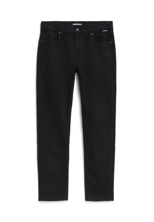 Jeans in denim nero con vestibilità slim, design a cinque tasche e chiusura con bottone. Realizzati in un tessuto liscio e robusto senza patterns visibili.