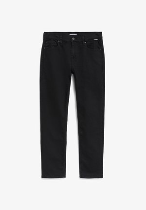 Schwarze Denim-Jeans mit schlanker Passform, Fünf-Taschen-Design und Knopfverschluss. Hergestellt aus einem glatten, robusten Stoff ohne sichtbare Muster.