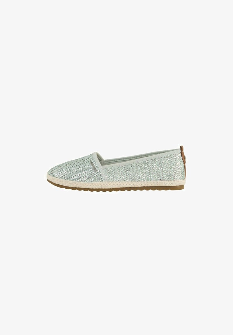 Világoszöld slip-on cipők, szőtt felső résszel, textúrázott felülettel, bézs gumitalppal és diszkrét barna díszítéssel a sarkon.
