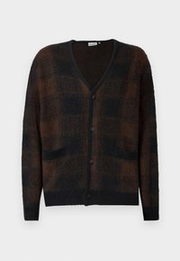 Hnedo-čierny károvaný kardigán s výstrihom do V, zapínaním na gombíky a dvoma prednými vreckami. Vyrobený z textúrovaného materiálu, s voľným strihom.