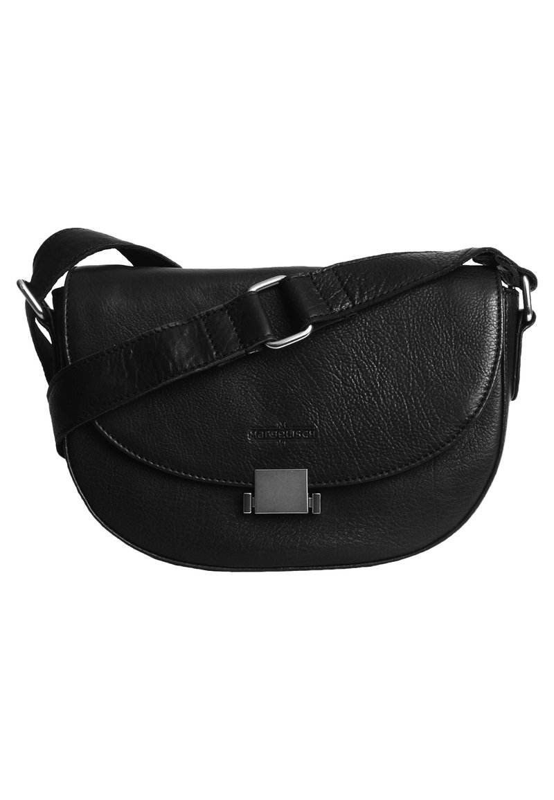 Borsa a tracolla in pelle nera con pattina curva, hardware in argento e chiusura rettangolare. Superficie texturizzata e tracolla regolabile.