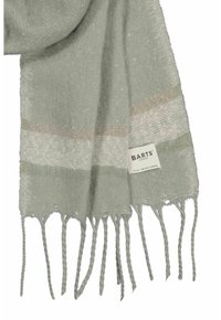 Hellgrauer Schal aus weichem, strukturiertem Stoff, mit gewebten Streifen in Creme und Grün und verdrehten Fransen an den Enden.