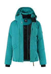 Teal geïsoleerde winterjas met capuchon, voorrits en drukknoopjes, borstzak met rits en zwart binnenvoering met zichtbaar merklabel.