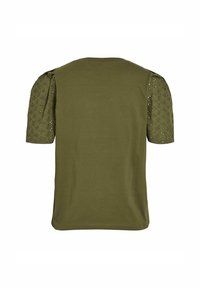 Kaki grön kortärmad topp med puffärmar. Ärmarna har ett blommönstrat ögla. Slät textur och klassisk rundhalsning.