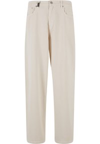 Pantalon beige droit avec poches avant, passants de ceinture, fermeture à bouton et braguette zippée.