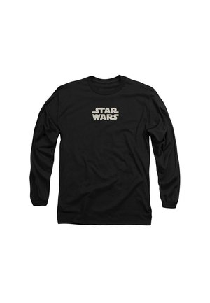 Schwarzes Langarm-T-Shirt aus Baumwolle mit einem auffälligen, weißen "STAR WARS"-Logo in einer stilisierten Schriftart auf der Vorderseite.