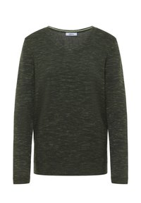 Zielony sweter z dekoltem w serek wykonany z teksturowanej dzianiny z delikatnymi paskami i długimi rękawami, z metką z napisem "CECIL" przy szyi.