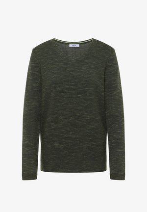 Jersey verde de cuello en V hecho de tejido de punto texturizado con rayas sutiles y mangas largas, con una etiqueta que dice "CECIL" en el cuello.