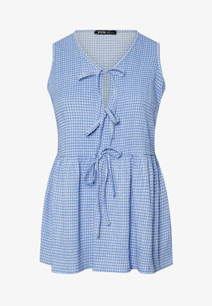 Ärmelloses blau-weiß kariertes Oberteil mit V-Ausschnitt, drei vorderen Schnürungen und geraffter Taille, die einen lockeren, ausgestellten Saum schafft.
