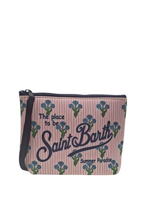 Borsetta rosa a righe con motivi floreali blu e testo "The place to be Saint Barth Summer Paradise" con una cerniera e una tracolla nere.