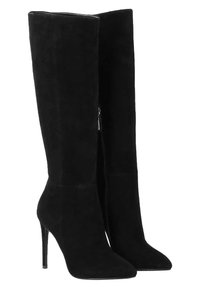 Schwarze Wildleder-Stiefel über dem Knie mit spitzem Schuhkopf und Stöckelabsatz. Seitlicher Reißverschluss zur Befestigung. Glatte Oberfläche, elegantes Design.